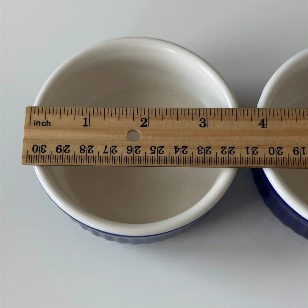 Roshco Cobalt Blue Ceramic Ramekins - Set of 2 Ribbed Baking Dishes
